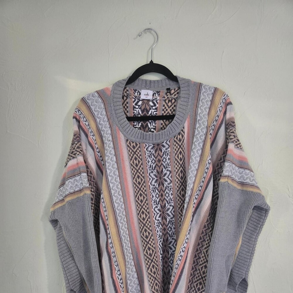 Cabi oversized sweater with geometric stripes and diamond patterns in beige, pin